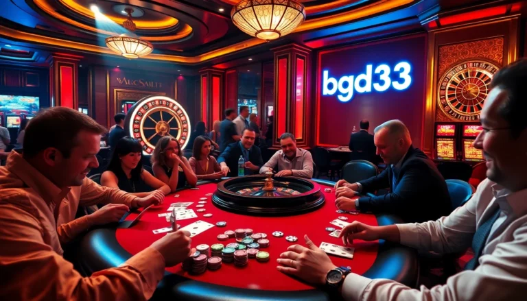 bgd33 poker players at a vibrant casino table with colorful chips and intense suspense.