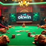 The thrilling okwin gaming experience at a luxurious casino poker table with players and vibrant chips.