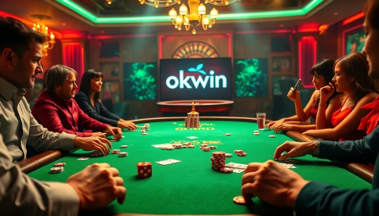 The thrilling okwin gaming experience at a luxurious casino poker table with players and vibrant chips.