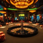 A thrilling poker game at a luxurious casino featuring high-stakes action with players, chips, and C168 branding elements.