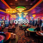 Exciting gaming action at qq888 casino with vibrant slot machines and poker tables.