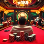 Experience the excitement of c168 with colorful casino chips and a spinning roulette wheel at a luxurious gaming table.