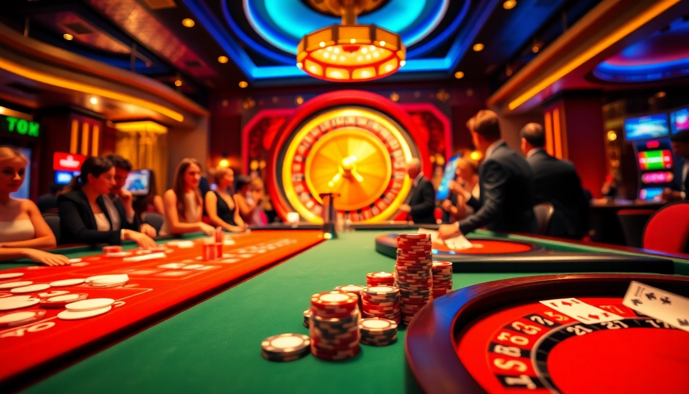 Players betting at casino tables in a vibrant setting featuring LC88-themed décor.