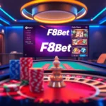 Experience the thrill of F8Bet as you bet at a vibrant online poker table, surrounded by dynamic roulette action.