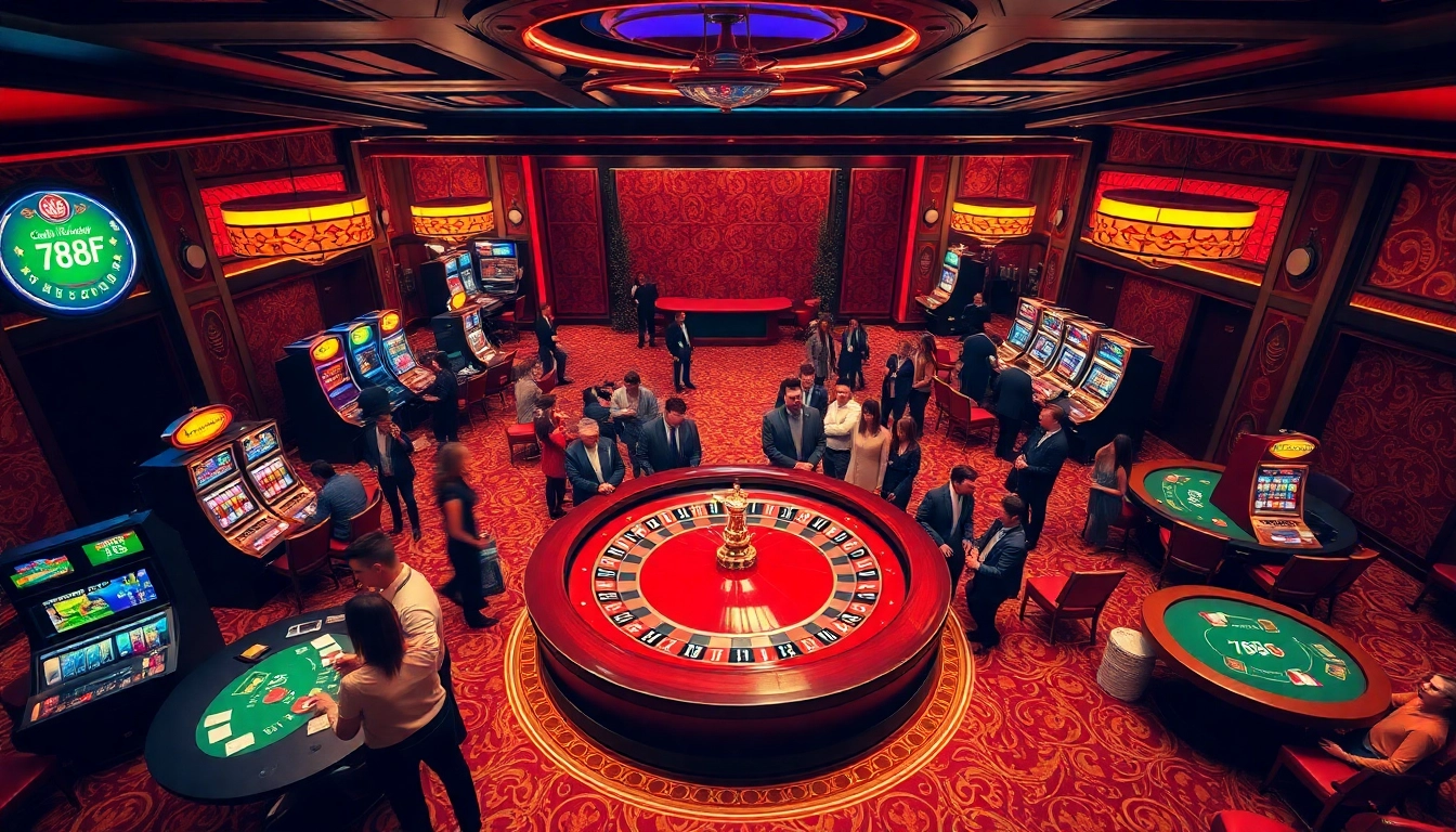 Experience the vibrant excitement of 789f casino with players at lively roulette and poker tables.