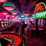Players spinning the reels at 789f's vibrant slot machine area in a luxurious casino setting.