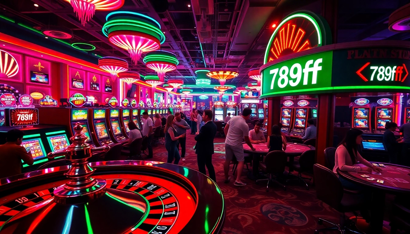 Players spinning the reels at 789f's vibrant slot machine area in a luxurious casino setting.