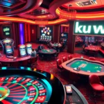 Discover the excitement of gambling at kuwin, showcasing players at a dynamic casino filled with roulette wheels and poker tables.