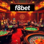 An exciting casino scene showcasing f8bet with players at poker tables, colorful slot machines, and a spinning roulette wheel immersed in warm lighting.