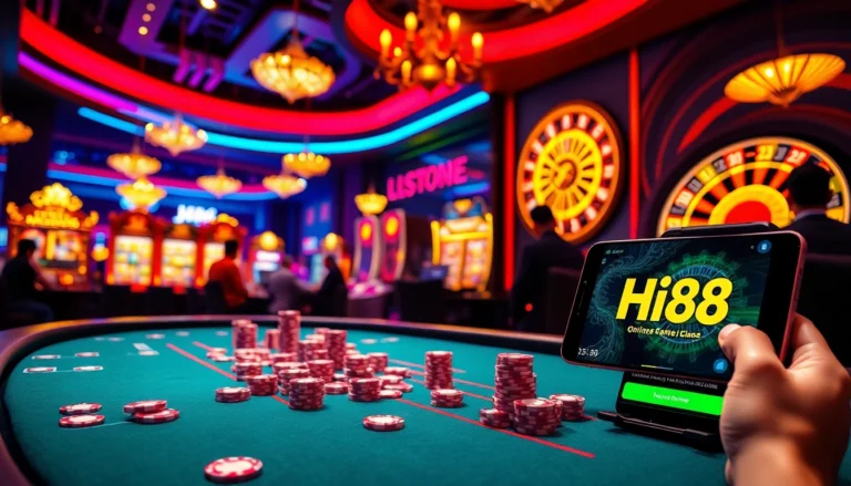 Players enjoying diverse gambling activities at Hi88, featuring poker tables, slot machines, and mobile betting interfaces.