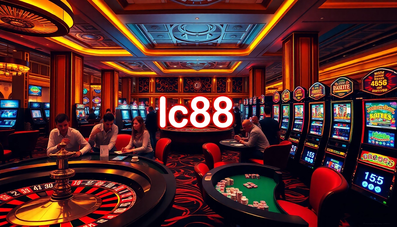 Explore lc88's vibrant casino scene with players at a poker table and captivating roulette action.