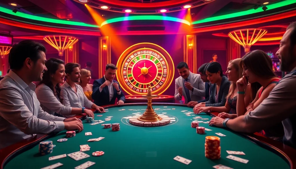 Players experiencing the thrill of betting at new88's casino table filled with cards and poker chips.