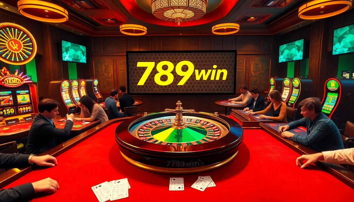 A dynamic casino scene featuring a roulette wheel and excited players experiencing the thrill of winning with the 789win link đăng nhập displayed prominently.